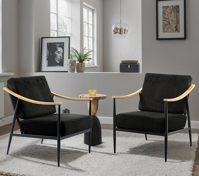 Modern Accent Chairs Set of 2 for Living Room Bedroom Mid Century Arm Chairs Upholstered Office Accent Chairs Comfy Waiting Room Chairs with Metal Frame, Black