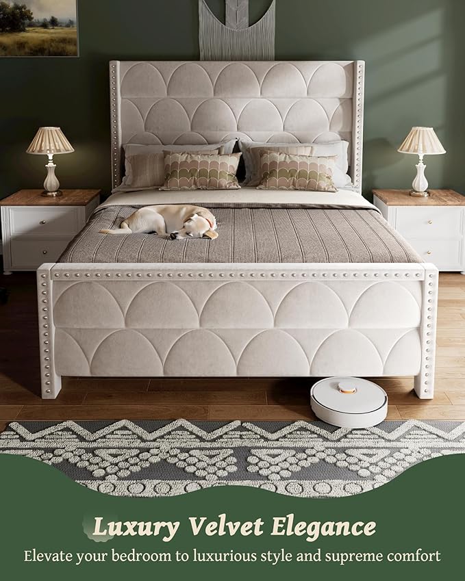 Queen Size Bed Frame with 56" Headboard - Velvet Upholstered Wingback Platform Bed Frame, Noise Free, Sturdy Wooden Slat Support (Cream, Queen)