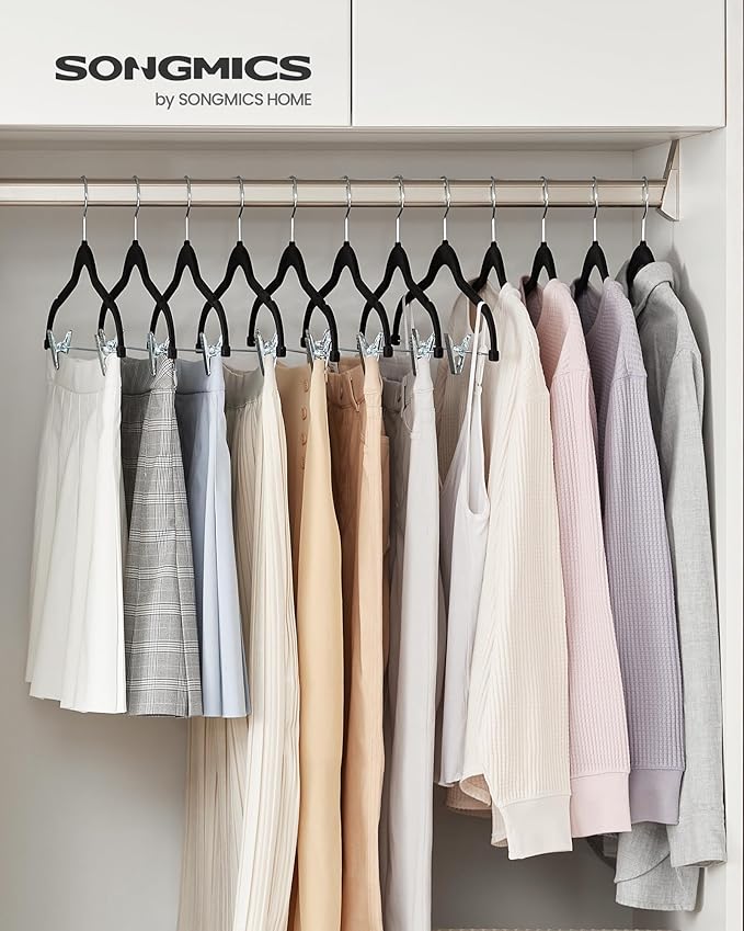 SONGMICS 50-Pack Pants Hangers, 16.7-Inch Long Velvet Hangers with Adjustable Clips, Heavy-Duty, Non-Slip Skirt Hangers, Space-Saving for Pants, Skirts, Coats, Dresses, Black UCRF012B50