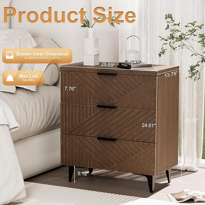 Royal Windsor Fluted Nightstand with 3 Drawers, Side End Table, Accent Storage Cabinet,Modern Night Stand Bedside Table for Bedroom,Brown