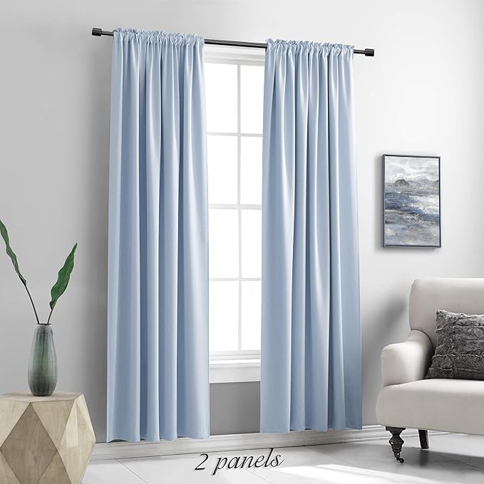 DONREN Baby Blue Window Treatment Thermal Insulated Rod Pocket Blackout Curtains/Drapes for Bedroom (Light Blue,Set of 2 Panels,52 by 84 Inch Length)