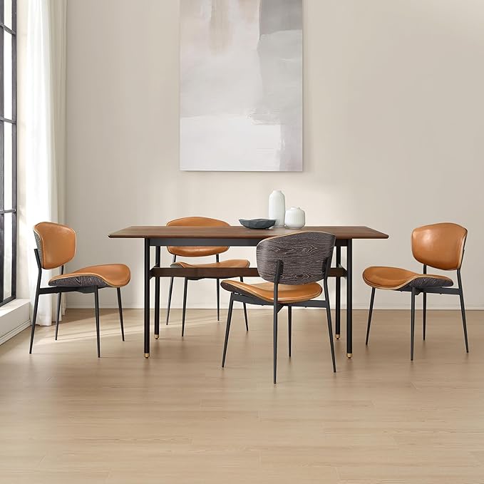 Art Leon Dining Chairs Set of 4, Gray Oak Bentwood, Mid Century Modern Dining Room Chairs, Faux Leather Upholstered Desk Chair with Black Metal Legs, Brown