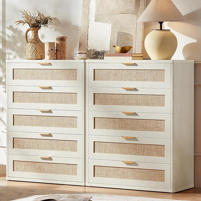 LEYAOYAO Rattan Dresser for Bedroom 41" Tall Chest of Drawers, Modern 5 Drawers Boho Dressers with Storage, Light Oak Dresser Wooden Closet Organizer for Living Room, Hallway, Grey White