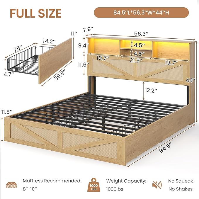 VIAGDO Rattan Bed Frame Full Size with Bookcase Storage Headboard, Charging Station and LED Lights, Wooden Full Bed Frame with 4 Drawers, Barn Door Design, No Box Spring Needed, No Noise, Natural