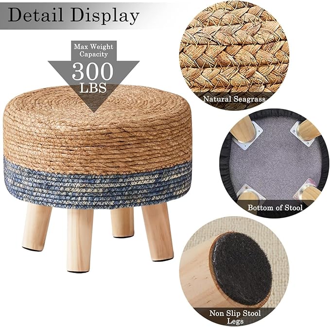 Wimarsbon Round Foot Stool Natural Seagrass Poufs Ottoman Hand Weave Footrest Stool for Couch Desk Extra Seat Step Stool with Solid Wood Legs for Hallway Patio Lounge Blue