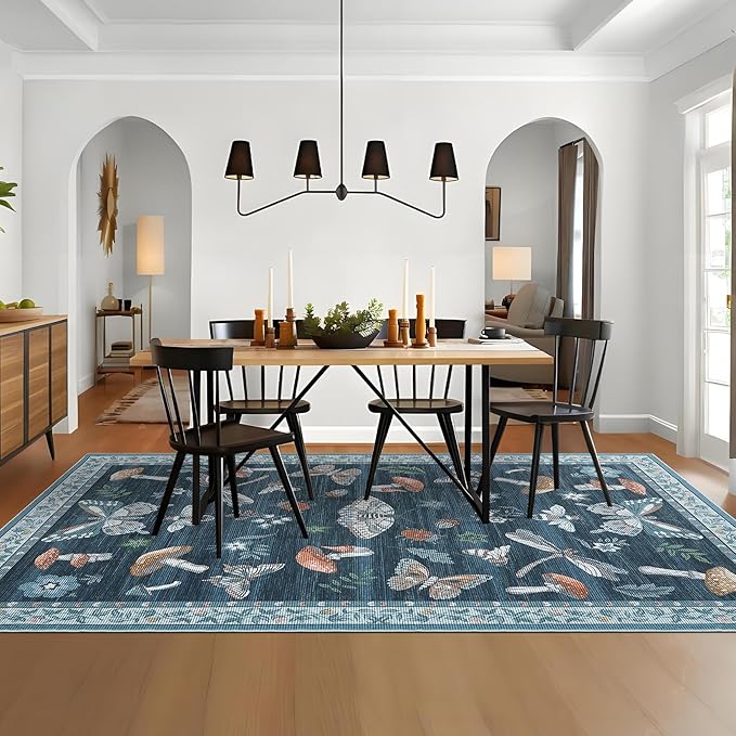 Washable Rug 5x7 Area Rugs for Living Room, Mushroom Insect Rug for Bedroom, 5x7 Rug Non Slip Throw Rugs with Rubber Back, Low Pile Stain Resistant Modern Carpet for Dining Room Dorm,Blue