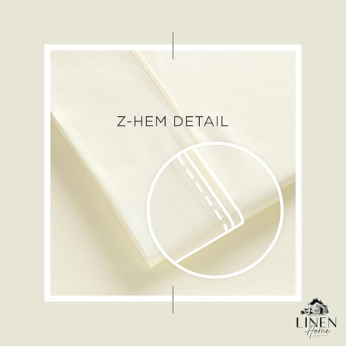 Linen Home 100% Cotton Percale Sheets Queen Size, Cream, Deep Pocket, 4 Pieces Set - 1 Flat, 1 Deep Pocket Fitted Sheet and 2 Pillowcases, Crisp Cool and Strong Bed Linen