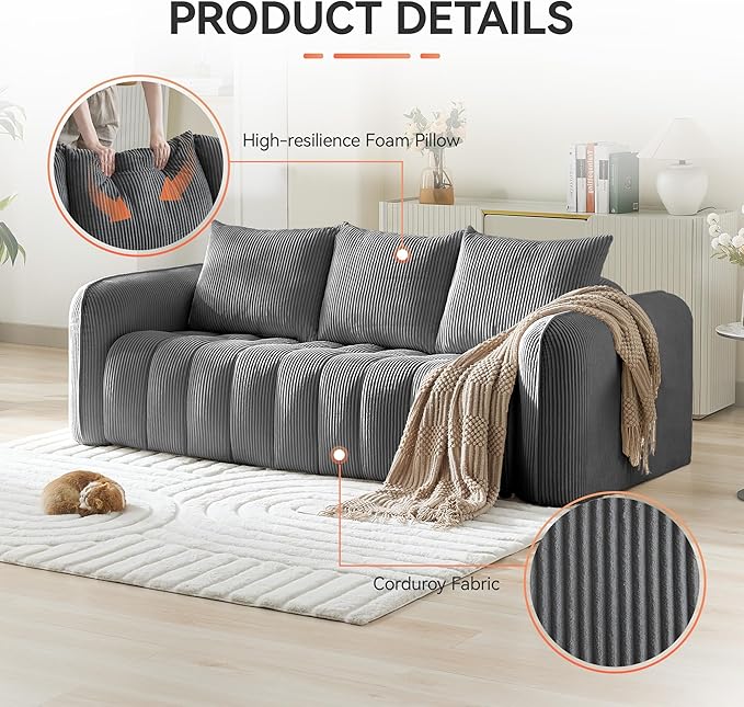 Corduroy Boneless Living Room Sets, Modern Upholstered 3 Seater Sofa with 2 Signle Accent Chairs, Comfy Deep Seat Cloud Sofa Couch Sets for Living Room, Grey