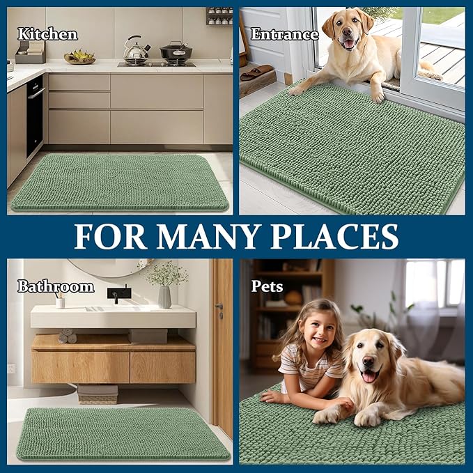 OLANLY Dog Door Mat for Muddy Paws 34x21, Absorbs Moisture and Dirt, Absorbent Non-Slip Washable Doormat, Quick Dry Chenille Mud Mat, Entry Indoor Entryway Carpet for Inside Floor, Olive Green