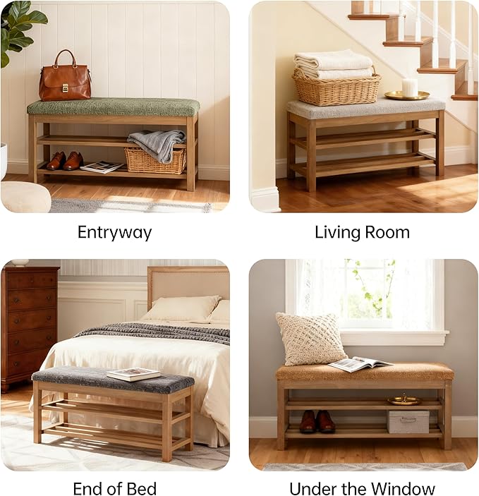 VKNOW 44.3” Wooden Entryway Bench, 2-Tier Upholstered Shoe Bench for Bedroom, Storage End of Bed Bench with Rubberwood Legs for Living Room, Hallway, Black