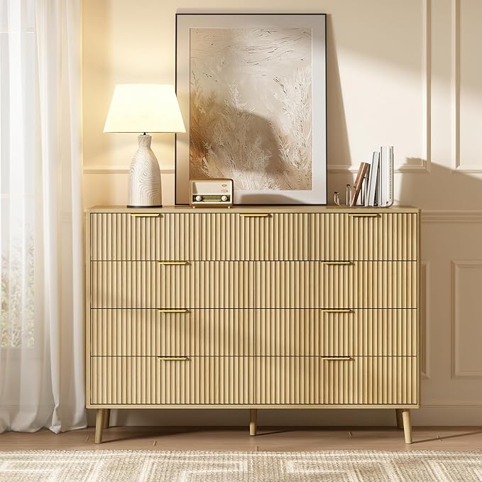 CARPETNAL Fluted 9 Drawer Dresser for Bedroom, 55" Wide Wooden Chest of Drawers with Rounded Corners, Gold Handles, Modern Storage Organizer for Bedroom, Hallway (Oak)
