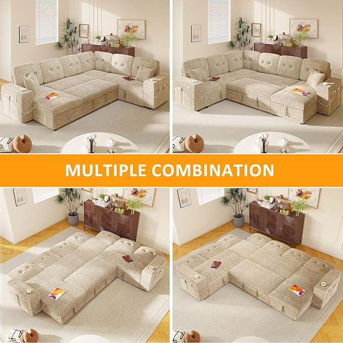 Modular Sectional Sleeper Sofa with Pull Out Bed, 108 Inch U Shaped 7 Seat Sectional Couches for Living Room, Sofa Bed with Adjustable Backrest | Hidden Storage | Wide Armrest | Khaki