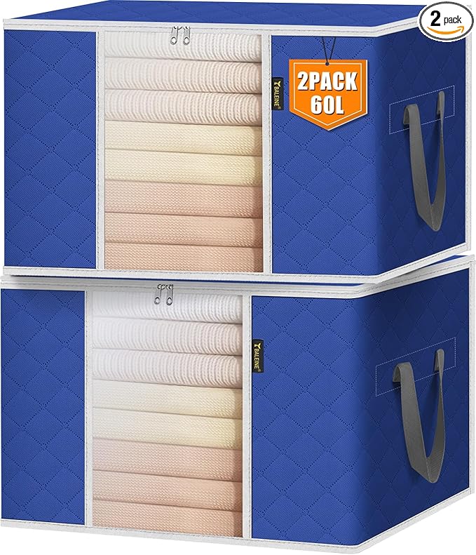 BALEINE 2 Pack Clothes Storage Bags, 16 Gallon Storage Containers with Reinforced Handle, Sturdy Zipper, Closet Organizer for Blanket, Comforter, Pillow, Bedding (Blue, 2 Pack)