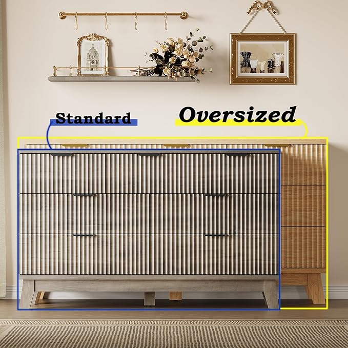 57" Long Dresser for Bedroom, 7-Drawer Fluted Chest, Wide Wood Storage Dresser with Metal Slides and Handles, Stable Base, Modern Clothes Organizer for Primary Suite, Guest Room, Nursery