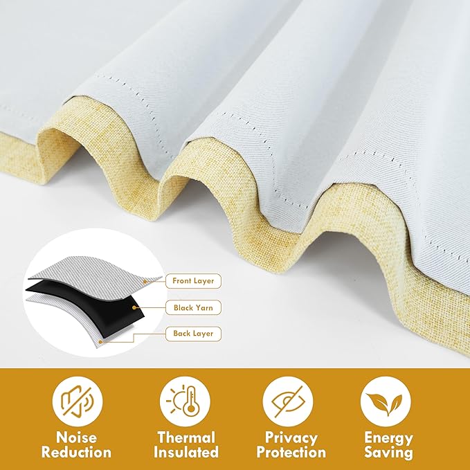 DriftAway Double Layer Linen Blackout Tie Up Curtains Thermal Insulated Fully Lined Balloon Roman Shade Bathroom Window Adjustable Rod Pocket for Small Window 45 Inch by 63 Inch Yellow