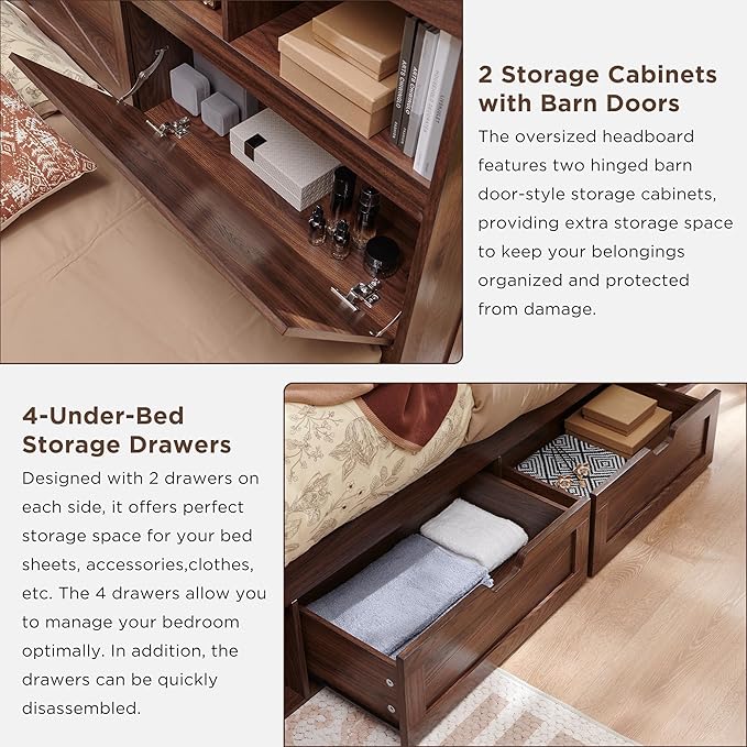 ACCOHOHO Farmhouse Full Size Bed Frame with 52" Tall Storage Headboard and LED Light,Wood Platform Bed Frame with 4 Drawers and Charging Station,Solid Wood Slats Support,No Box Spring Needed,Brown