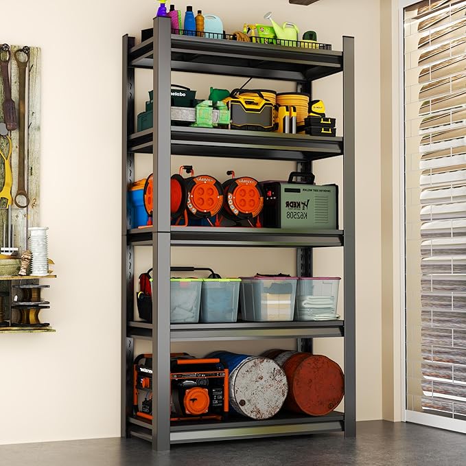 Storage Shelves, Garage Metal Shelving Unit, Adjustable, Double-Layer Column with Reinforced Ribs, Heavy-Duty, Capable of Bearing 600-3600 lbs (Black, 77 * 45 * 18, 5-Tier)