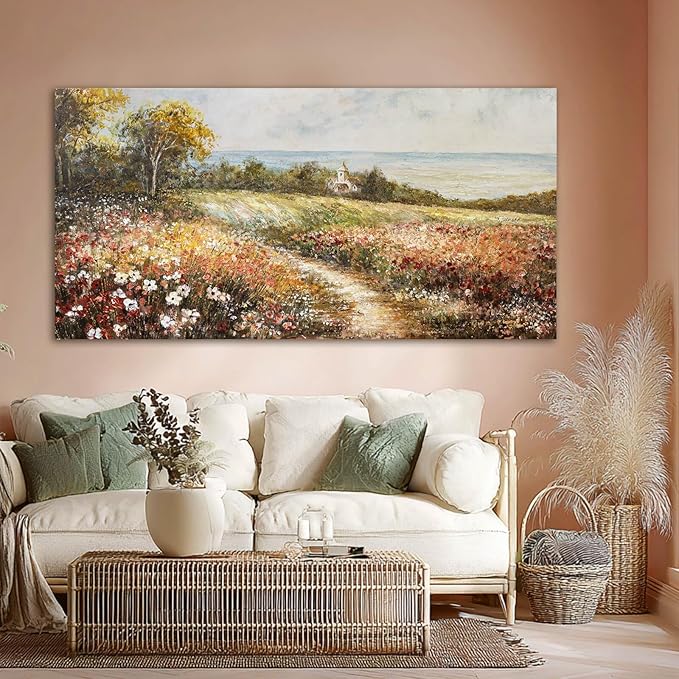 YETHEN WAL Floral Wildflower Meadow Wall Art – Countryside Cottage Landscape Canvas Print, Rustic Farmhouse Coastal Décor for Hallway Living Room Bedroom, 20×40 Inch