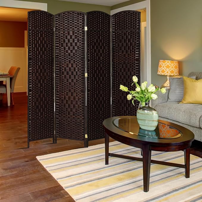 VINGLI 6 FT Tall Rattan Room Divider, Folding Privacy Screen, Indoor Partition Wall Dividers, Freestanding Hinged Space Separator (Brown, 4 Panel)