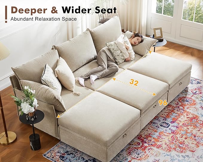 ABCASA 102.6" Luxury Modular Sleeper Sofa Bed 6 Seat Reversible Sectional Couch Deep Seat with Storage Chaises Removable Cover for Living Room, Apartment - Chenille Beige