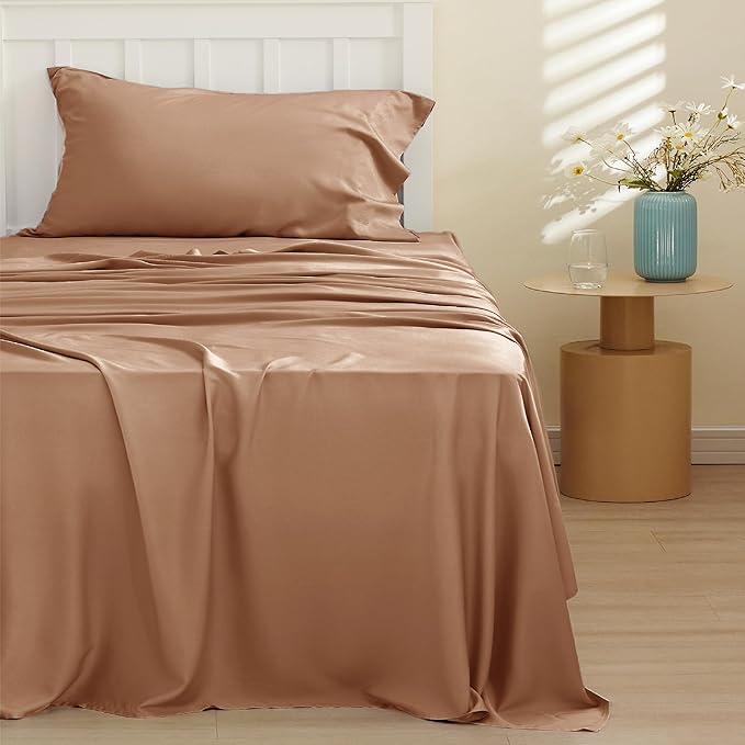 Bedsure Cooling Sheets Twin XL, Rayon Derived from Bamboo, Breathable & Soft Twin XL Sheet Sets, Deep Pocket Up to 16 Inches, Hotel Luxury Silky Dorm Bedding for Hot Sleepers, Khaki