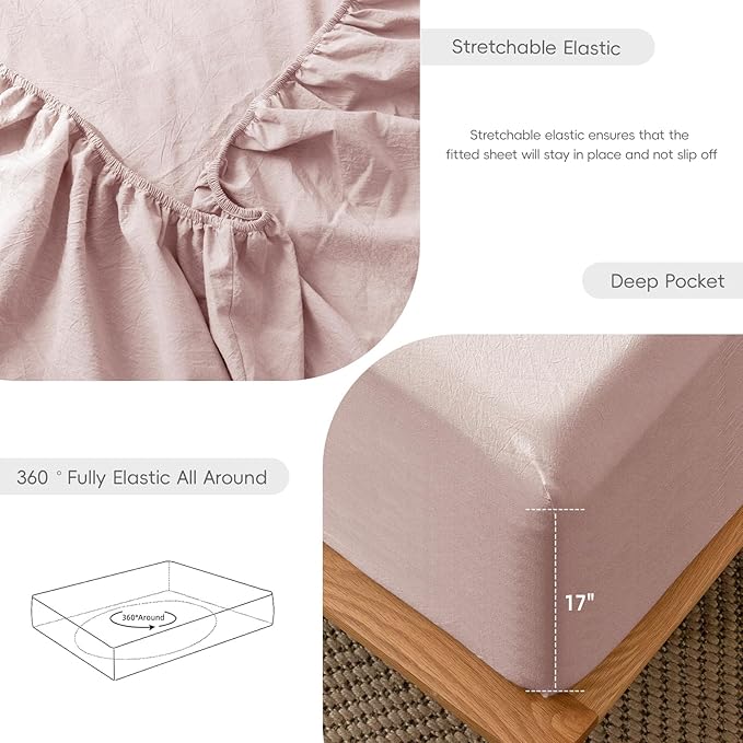MooMee Fitted Bottom Sheet Only 100% Washed Cotton Linen Like Textured Breathable Durable Soft Comfy Deep Pocket Fits Mattress up to 17" (Greyish Pink, Queen)
