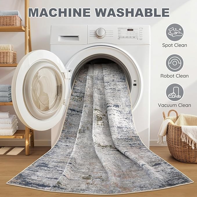 Area Rug Living Room Rugs - 10x12 Washable Large Soft Indoor Neutral Modern Abstract Low Pile Rug Carpet for Bedroom Dining Room Farmhouse Home Office - Blue/Grey/Brown