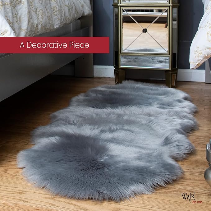 Silky Soft Faux Fur Rug, 2 ft. x 6 ft. Gray Fluffy Rug, Sheepskin Area Runner, Shaggy Carpet for Living Room, Bedroom, Kid's Room, or Nursery, Home Décor Accent, Machine Washable with Non-Slip Backing