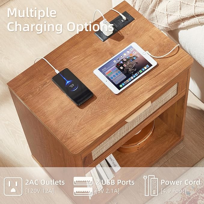 LEYAOYAO Rattan Nightstands Set of 2 with Charging Station, Tea Brown Night Stand with Drawer, 23" Wide Boho Bedside Table with Storage Shelf, Bed Side End Tables for Bedroom, Living Room, Hallway