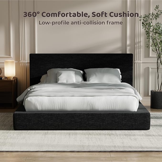 RECCI Cloud Upholstered Queen Bed Frame with Headboard, 5 Inch Foam Padded Platform, No Box Spring, Easy Assembly (Onyx Black)