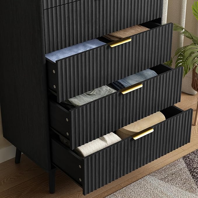CARPETNAL Fluted 5 Drawers Dresser for Bedroom, 45" Tall Wooden Chest of Drawers with Rounded Corners, Gold Handles, Modern Storage Organizer for Bedroom, Hallway (Black)