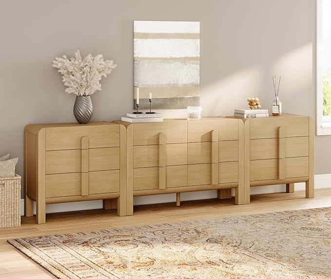 WAMPAT 3 Piece Bedroom Dresser Set, 110.2" Wide Mid Century Modern Chest of Drawers with Curved Handles, Dresser TV Stand with 12 Drawers, Wood Drawer Organizer for Bedroom, Oak