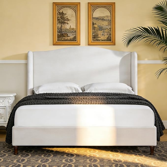 King Size Bed Frame with 54" Extra Tall Headboard - Luxury Chenille Upholstered Wingback Platform Bed, 1000lbs Heavy Duty, No Box Spring Needed(Ivory White Chenille Camelback, King)