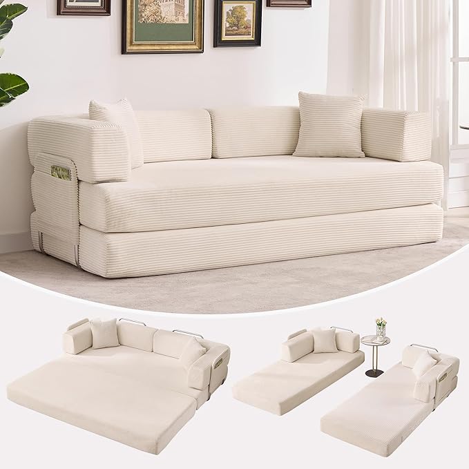 Garvee 5-in-1 Convertible Sofa Bed, 78.8" Modular Corduroy Sleeper with Sturdy Frame & No Assembly, Multi-Functional Futon for Small Space, Living Room & Guest Room (Beige)
