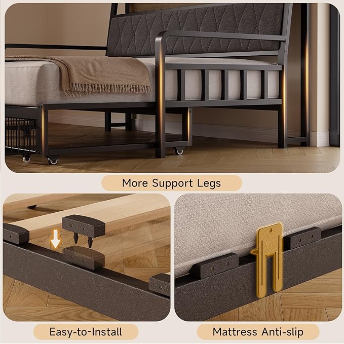 ONBRILL Twin Daybed with Trundle, Twin to King Daybed with Pop up Trundle, Metal Twin Day Bed Frame with Storage Drawers, Upholstered Headboard & Power Outlet for Living Room & Guest Room, Black