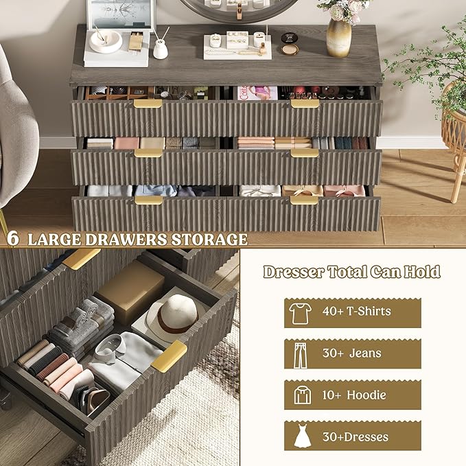 Lulive Wood Dresser for Bedroom with 6 Drawers, 53.2" Long Fluted Modern Chest of Drawers Storage Organizer, Dressers TV Stand for Living Room, Closet, Hallway (Dark Grey Oak)