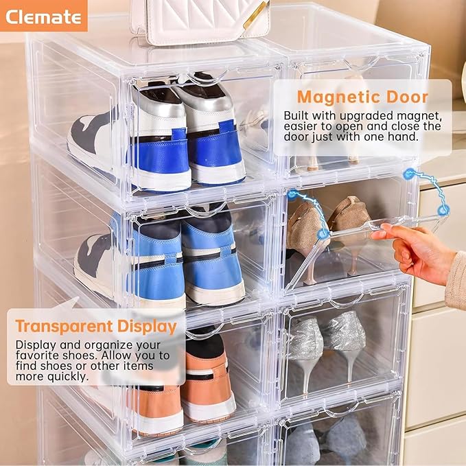 Clemate Upgraded X-Large Shoe Storage Box,8 Pack,Shoe Box Clear Plastic Stackable,Drop Front Shoe Box with Clear Door,Shoe Organizer and Shoe Containers For Sneaker Display,Fit up to US Size13