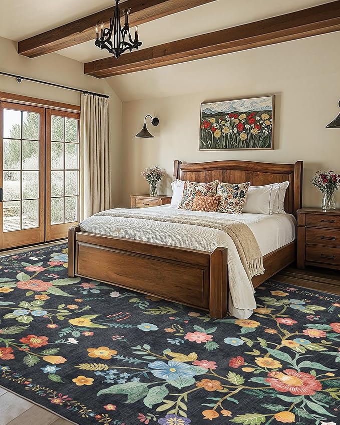 Amada 8x10 Area Rugs, Non-Slip & Low-Profile Large Area Rug with Reinforced Edge Binding, Washable Soft Boho Floral Rugs for Living Room, Bedroom, Dining Room