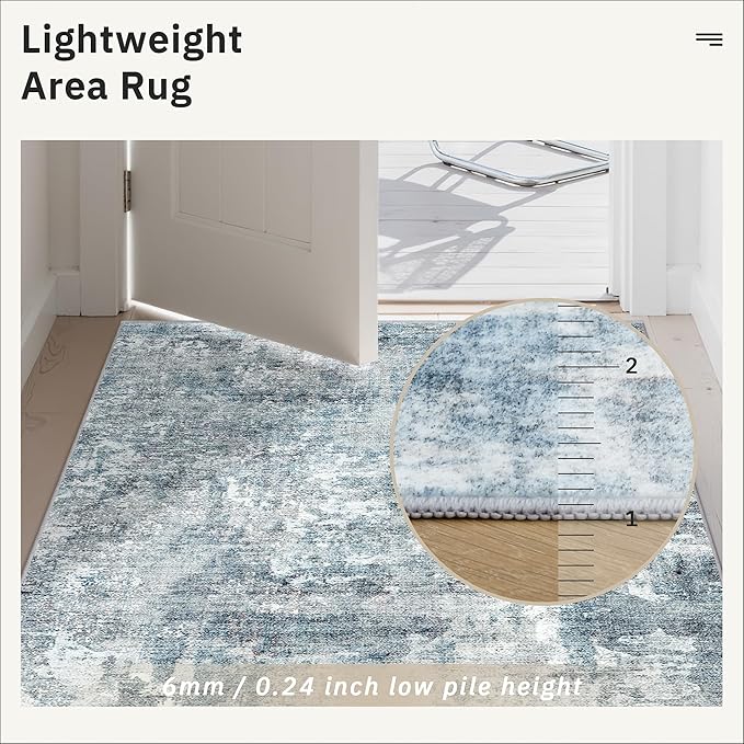 Washable Runner Rug, 2'6" x 8' Non-Slip Kitchen Vintage Foldable Hallway Runners for Entryway, Laundry, Bedroom, Blue