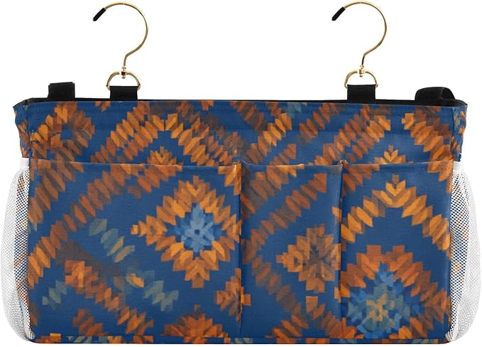 Bedside Caddy Hanging Bunk Bed Caddy Bed Organizer Hanging Pocket with 2 Hooks Bedside Storage Organizer Pocket Bag Holder Blue Orange Diamond Tie-dye