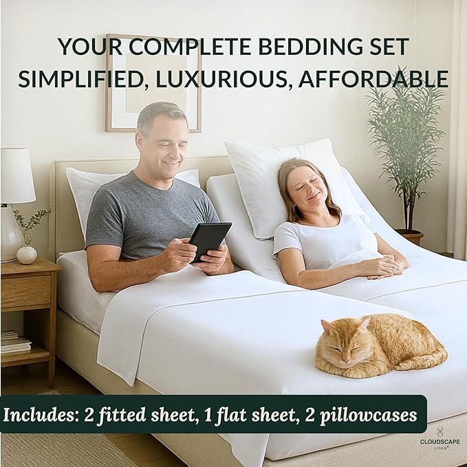 Cloud Scape Linen 100% Egyptian Cotton Split King Sheet Set for Adjustable Bed,400 Thread Count, 5 Pcs Bedding Set, Soft, Breathable and Durable, Deep Pockets up to 17, White