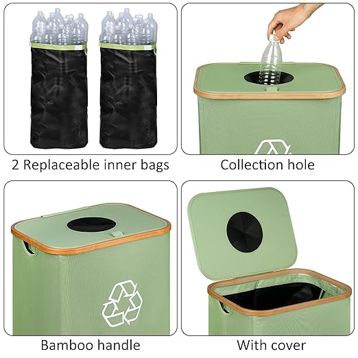 iEGrow 29 Gallons Recycling Bins for Kitchen, Indoor Recycle Bins with Lid, 110L Large Recycle bin with 2 Removeable Reusable Inner Bags, for Bottles Cans Glass Plastice Cartons(Green)