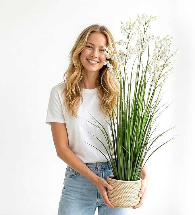 Artificial Tall Grass Plants with Pots 47“ 1 Pack Lily of The Valley Artificial Grass Home Interior Decorating and Outdoor Garden Decorations（White）