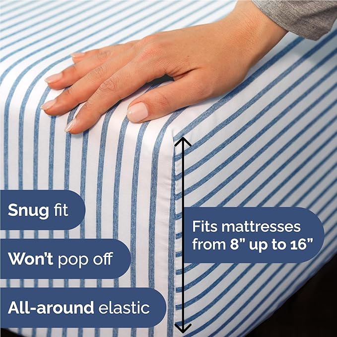 Twin XL 4 Piece Sheet Set - Cooling, Comfy & Breathable - Hotel Luxury Bedding Includes Fitted Sheet for Women, Men, Kids & Teens - 1 Flat, 1 Fitted Sheet, 2 Pillowcases w/Deep Pockets - Blue Stripes