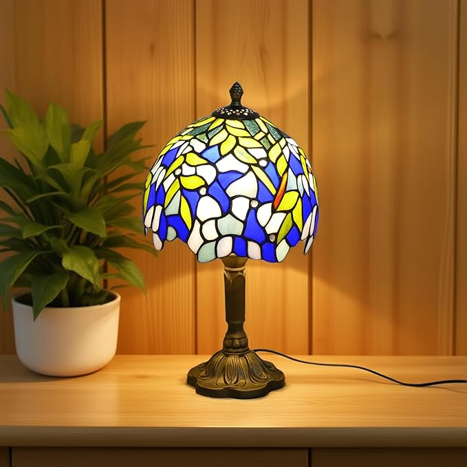 Tiffany Table Lamp Mini Nightstand Lamps Stained Glass Bedside Lamp Wisteria Night Lamp Reading Desk Light for Office Bar Bedroom Living Room,7.87 inch