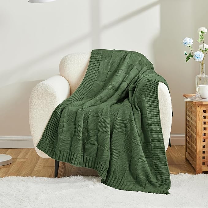CozeCube Check Knit Throw Blanket,Christmas Green Checkered Bedroom Blanket for Couch, Soft Cozy Warm Knitted Blanket for Bed Sofa Living Room, Decorative Spring Fall Throw Blanket, 60"X80"