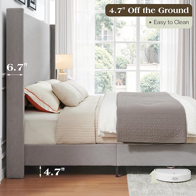 Queen Bed Frame with 63" Tall Headboard, Horizontal Fine Corduroy Bed Frame with Wingback, Upholstered Platform Bed, Vintage Solid Wood Gourd Legs, No Box Spring Needed, Gray