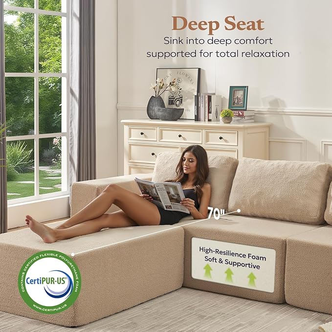 136" Modular Sectional Couch Left/Right Facing Convertible, L-Shape Modern Teddy Sofa, Deep Seat Upholstered Foam Couch for Living Room Bedroom, No Assembly Required (Camel, Teddy Boucle)