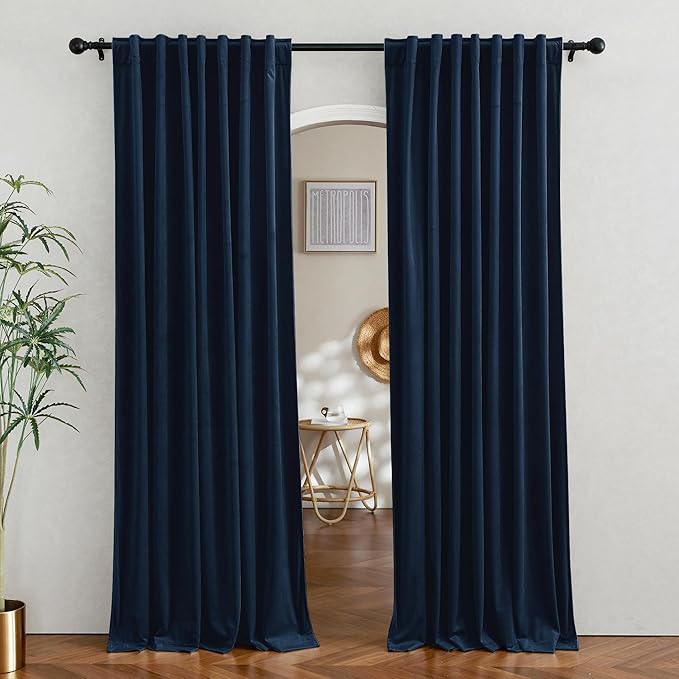 RYB Home Velvet Curtains for Sliding Door - Velevt Luxury Room Divider Back Tab Thermal Insulated Blackout Elegant Decor for Bedroom Living Room, Navy Blue, W62 x L96 inches, 2 Panels
