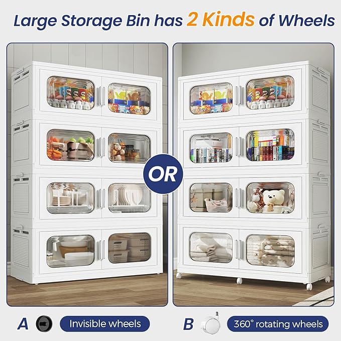 250 Gallon Extra Large Storage Bin with Lid and Wheels, Stackable Collapsible Plastic Storage Box with Door, Foldable Organizer for Closet, Kitchen, Office, Living Room, 5 Pack White